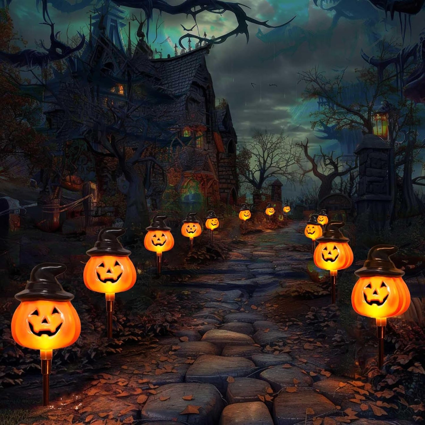 6-Pack Solar Jack-O’-Lantern String Lights – Outdoor Halloween Yard Decor