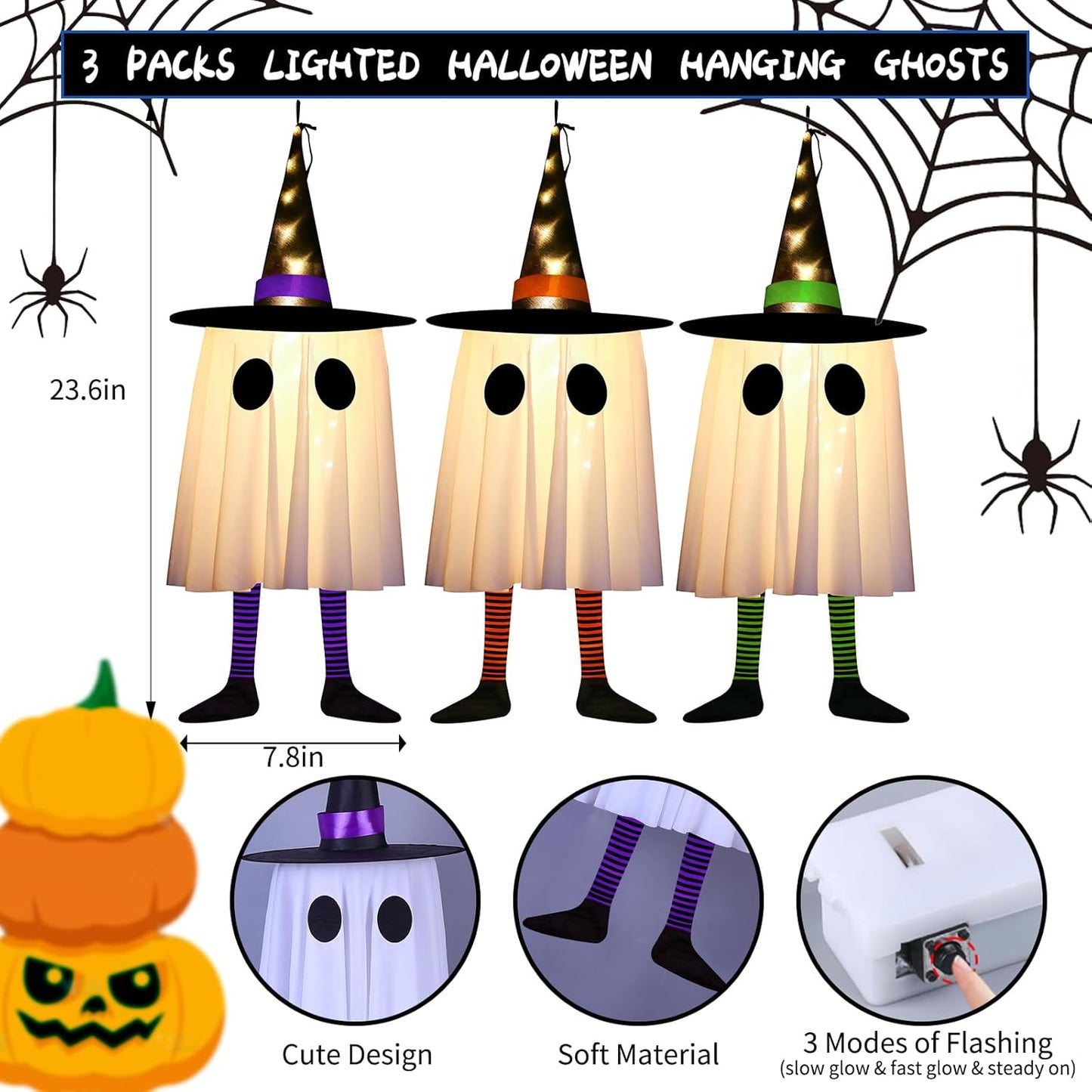 3-Pack Hanging Halloween Ghosts with LED Lights – Outdoor Spooky Décor