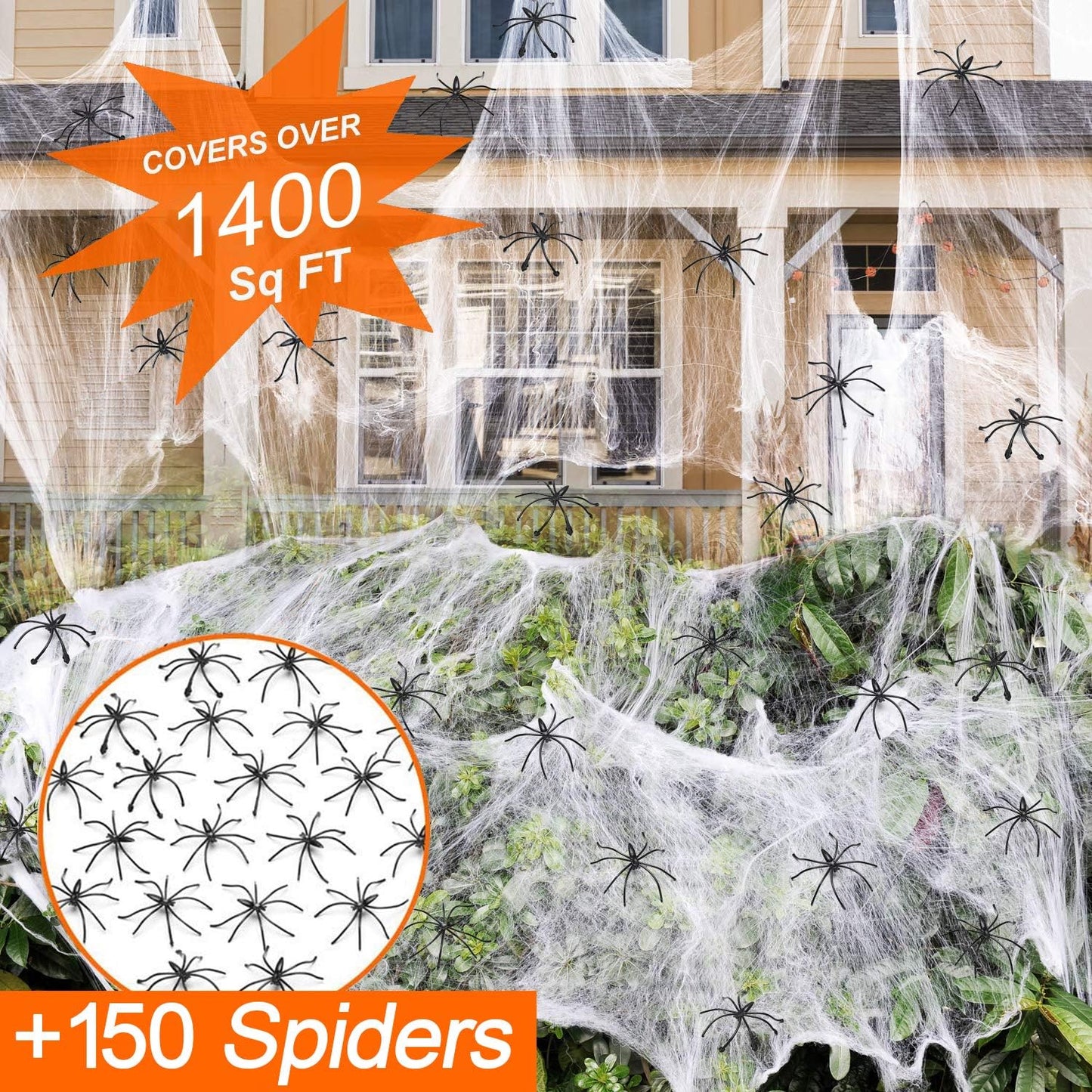 1400 Sqft Halloween Spider Webs with 150 Fake Spiders – Indoor & Outdoor Decor